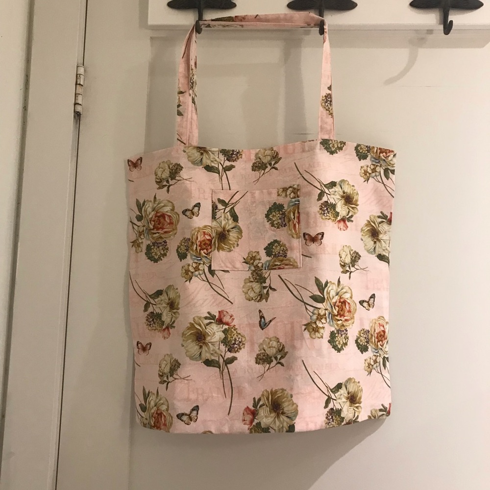 Handmade floral tote with inner & outer pockets pink butterflies Paris pattern